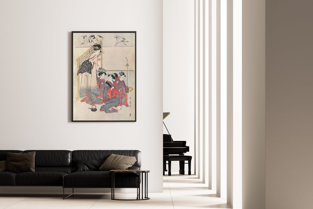 Niwaka Festival Performers at a Teahouse (Right Sheet) by Kitagawa Utamaro — shown framed on a wall