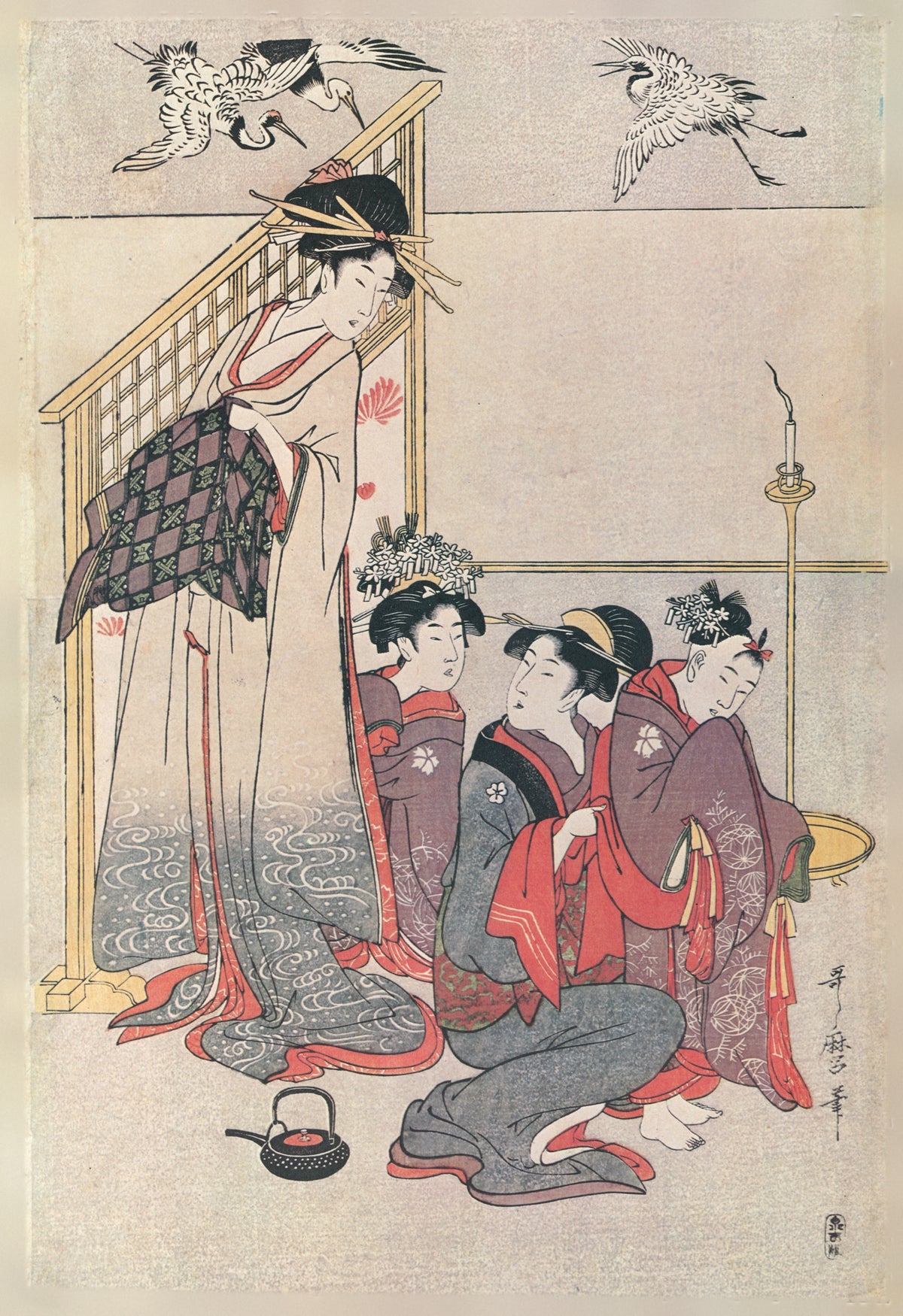 Niwaka Festival Performers at a Teahouse (Right Sheet) by Kitagawa Utamaro — Four women gather on a veranda as cranes fly overhead