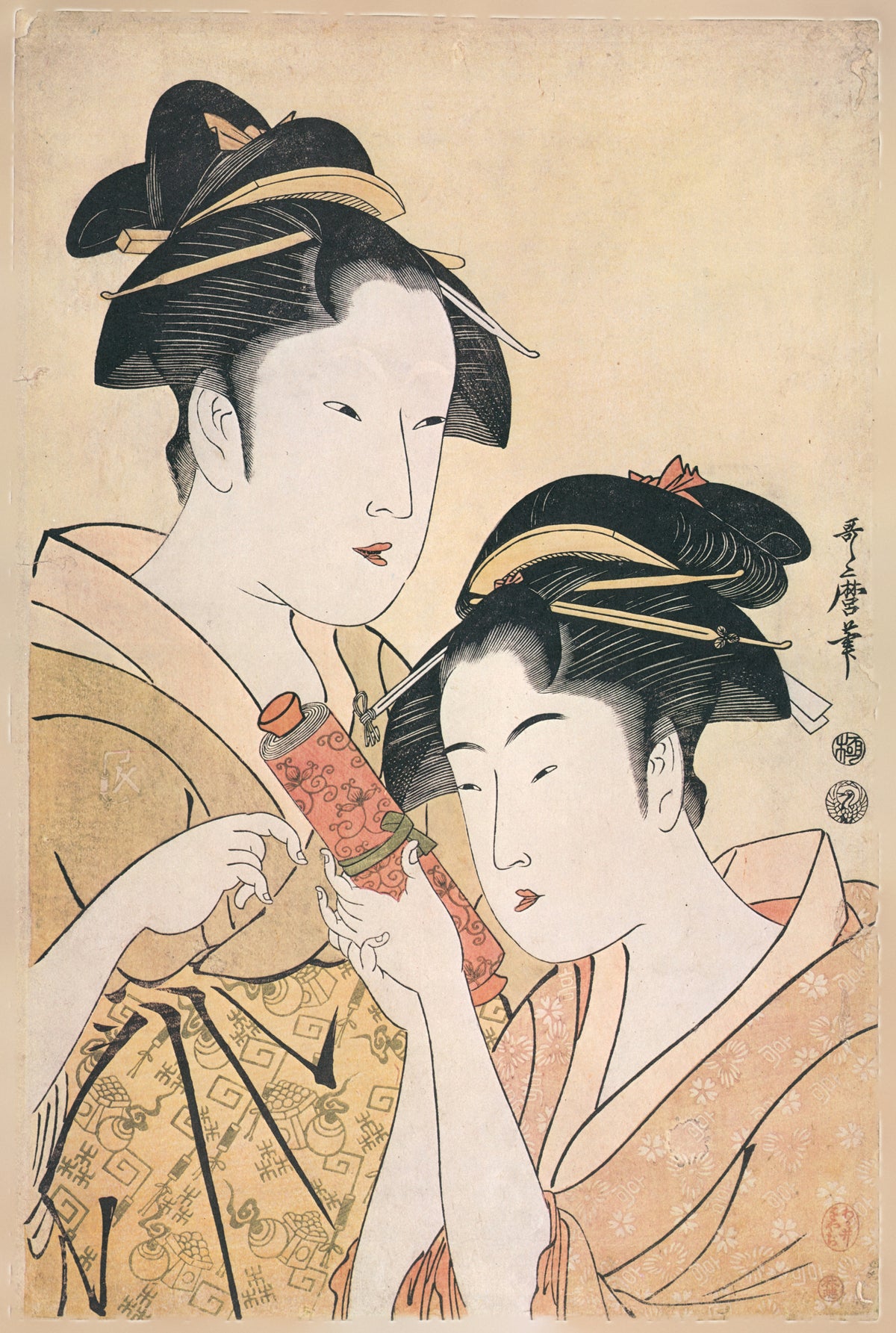 Kitagawa Utamaro — Osen of the Kagiya Giving a Scroll to Takashima Ohisa | Japanese Woodblock Print (Ukiyo-e) - 9ArtPrints