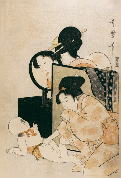 Peeping by Kitagawa Utamaro — A woman holds a crawling baby as another's face shows in a mirror