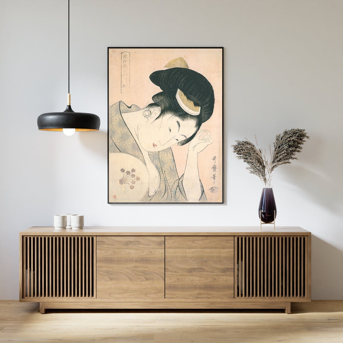 Revealed Love, from Anthology of Poems: The Love Section by Kitagawa Utamaro — shown framed on a wall
