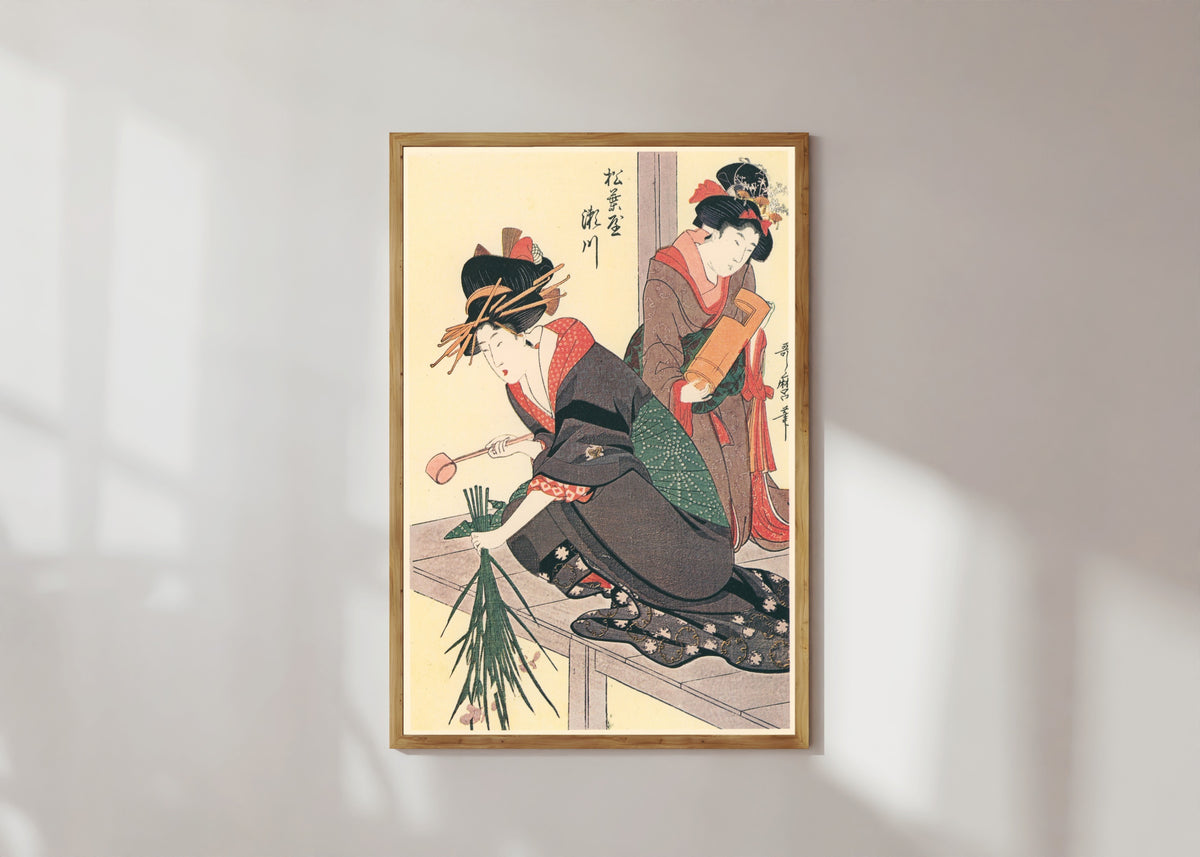 Framed art print of Segawa of Matsubaya by Kitagawa Utamaro, in a light wood frame on a sunlit white wall