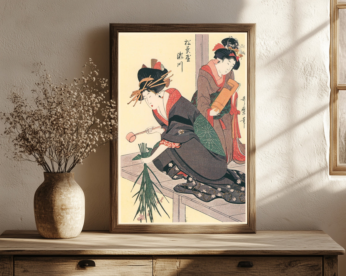 Framed art print of Segawa of Matsubaya by Kitagawa Utamaro, in a dark wood frame leaning on a rustic console beside dried flowers