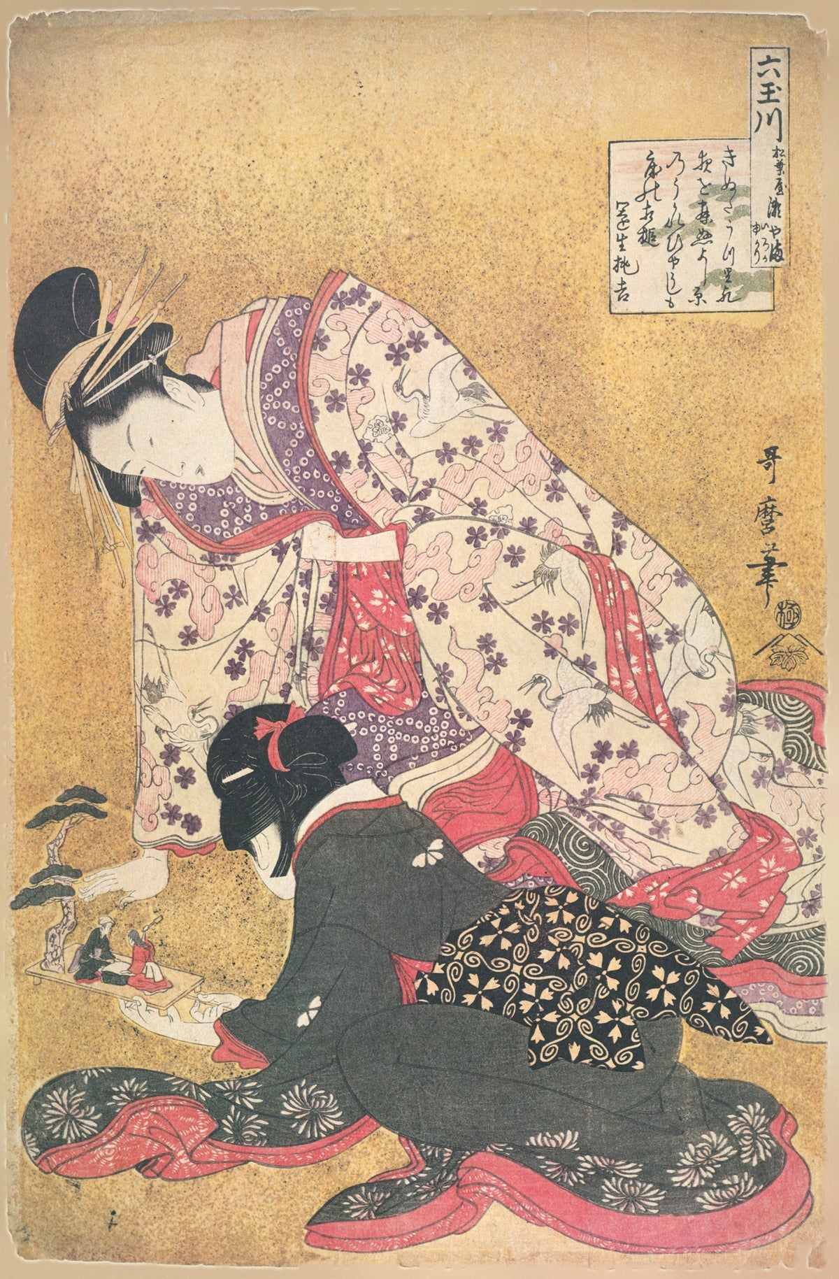 Seyama of the Matsubaya, kamuro Iroka and Yukari, from the series Six Jewel Rivers by Kitagawa Utamaro — A courtesan leans over a kamuro beside a tiny tabletop