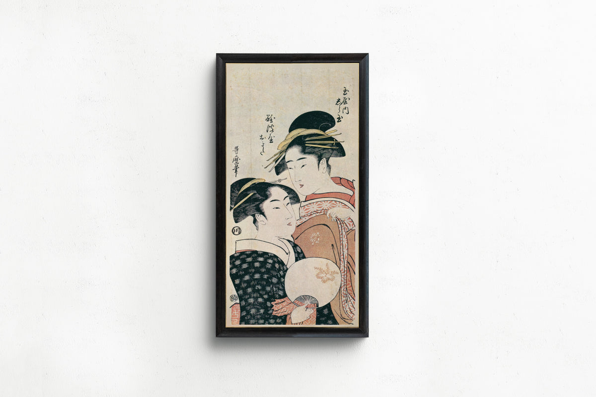 Shiratama of Tamaya and Naniwaya Okita by Kitagawa Utamaro — in a slim black frame on a plain white wall