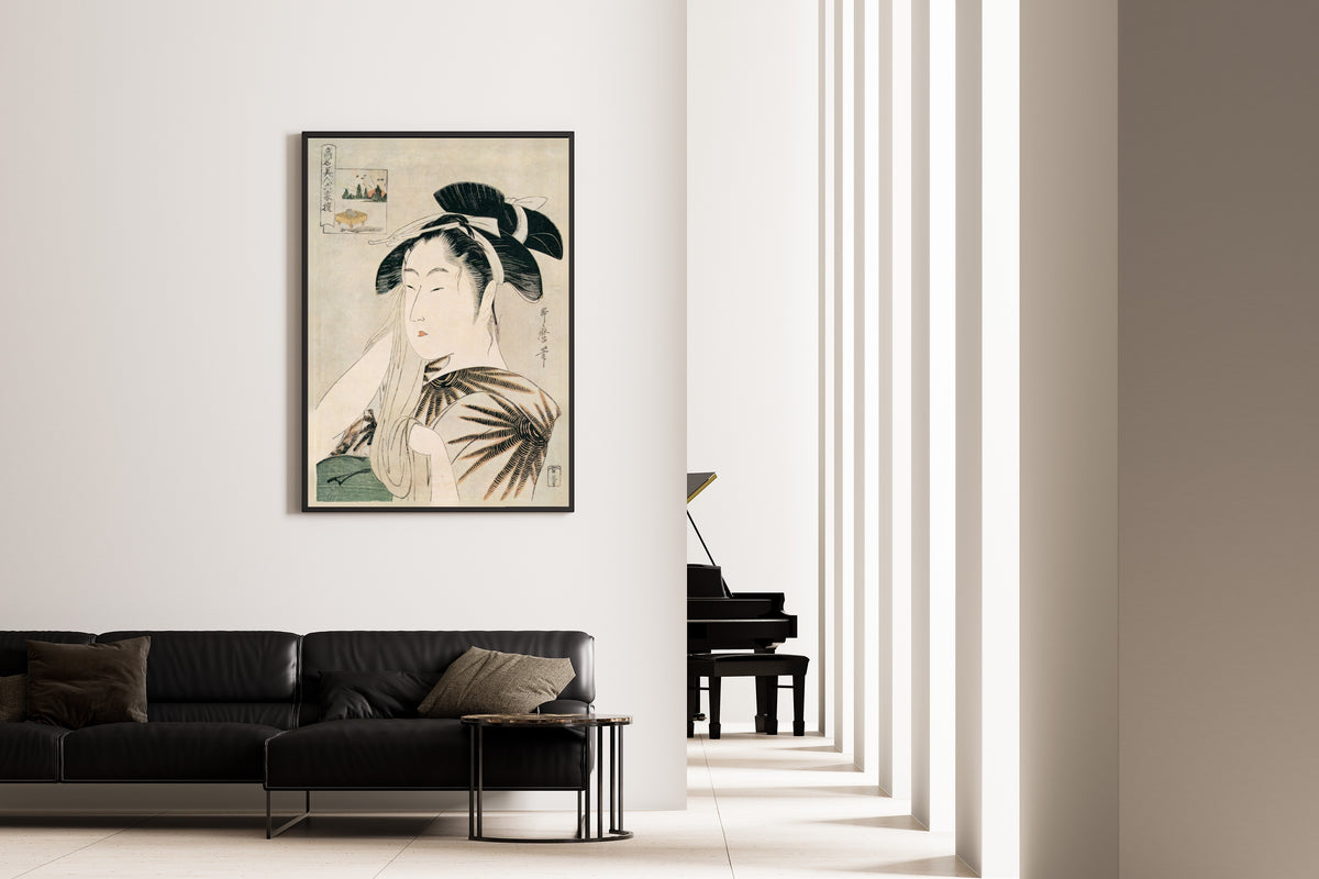 The Widow of Asahiya, from Six Famous Beauties by Kitagawa Utamaro — shown framed on a wall