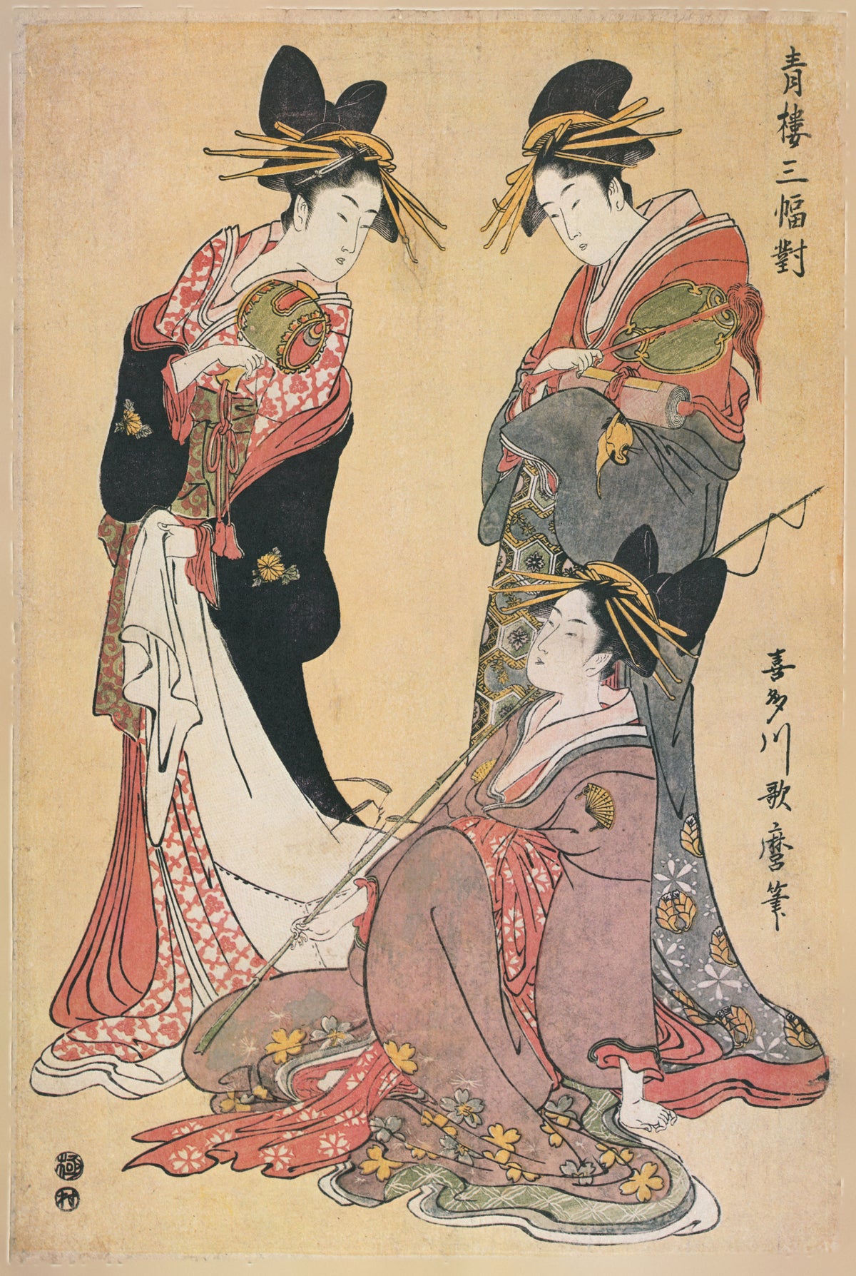 Three Beauties of the Pleasure Quarters (Seiro sanpukutsui) by Kitagawa Utamaro — Three courtesans gather with two covered shamisen