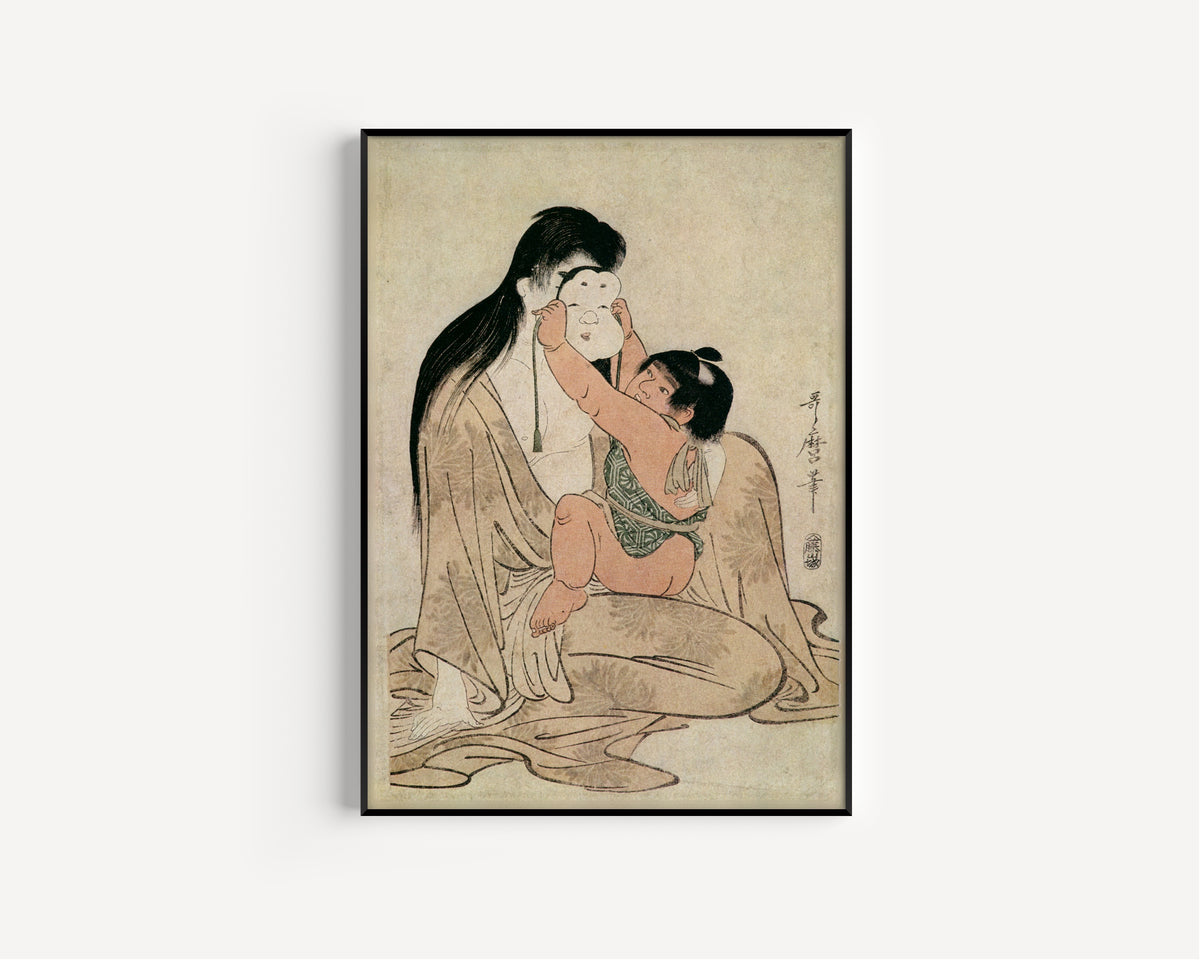 Yamauba and Kintaro by Kitagawa Utamaro — shown framed on a wall