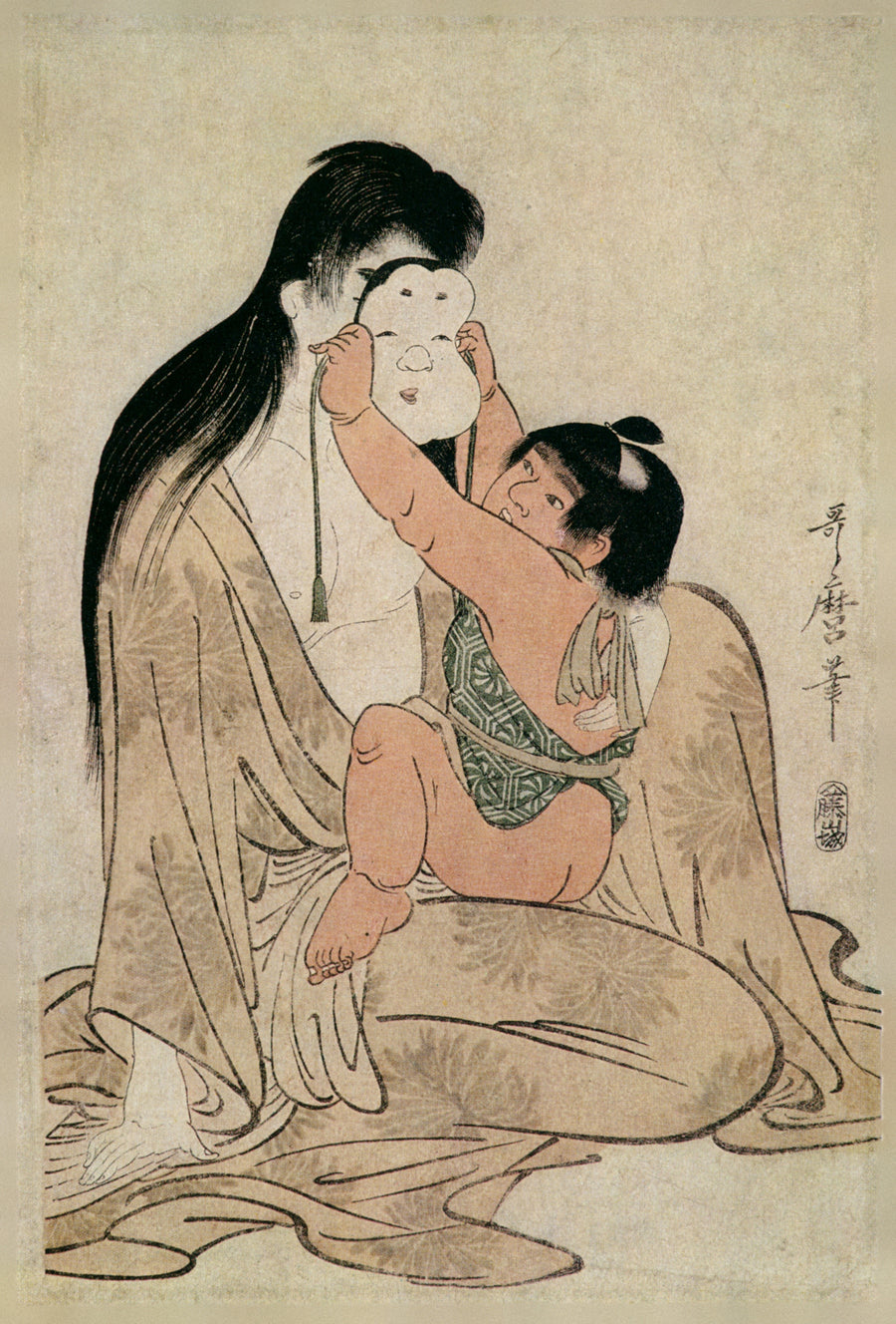 Kitagawa Utamaro — Yamauba and Kintaro | Japanese Woodblock Print (Ukiyo-e) shown to scale on a wall above a sofa