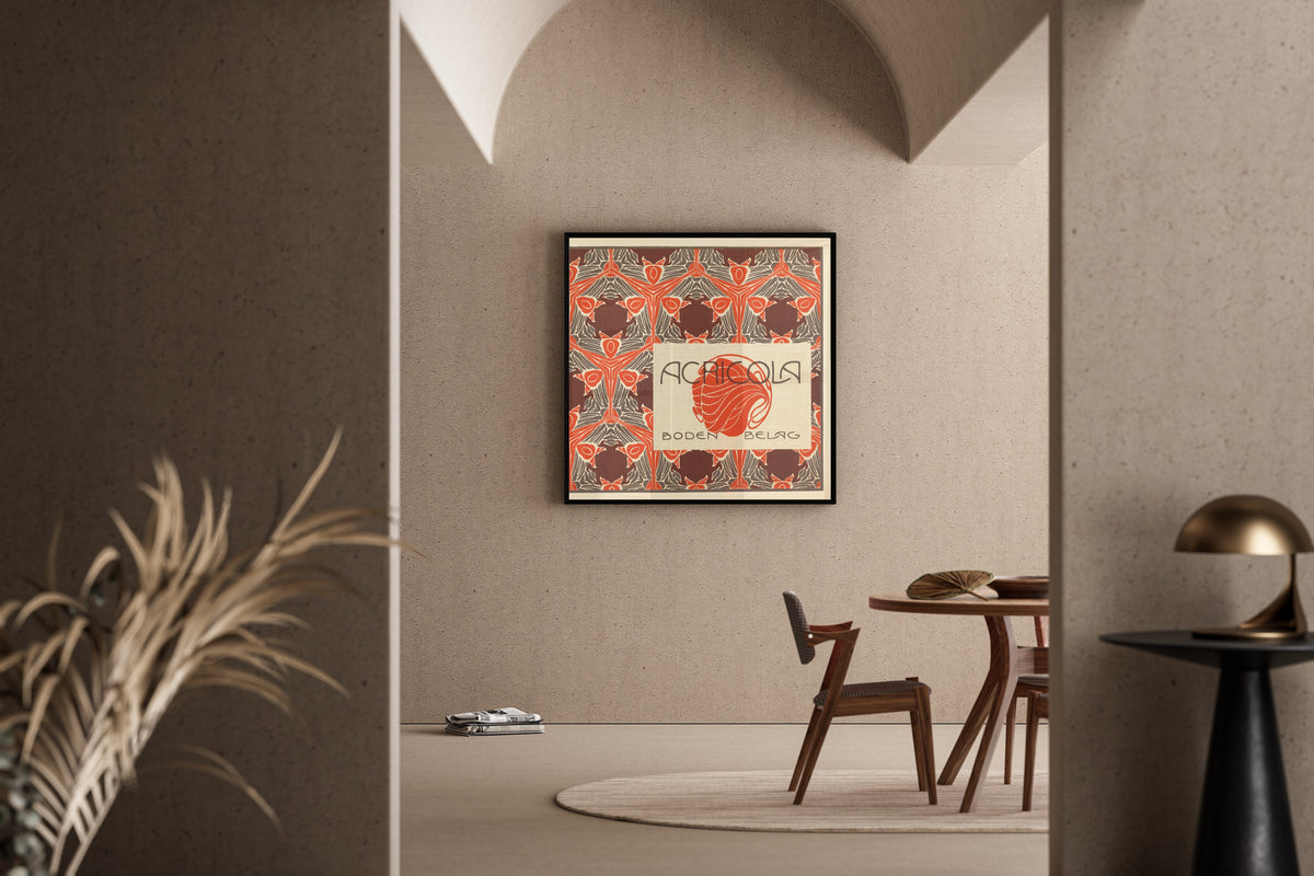 Agricola Boden-Belag by Koloman Moser — framed in a sunlit dining corner