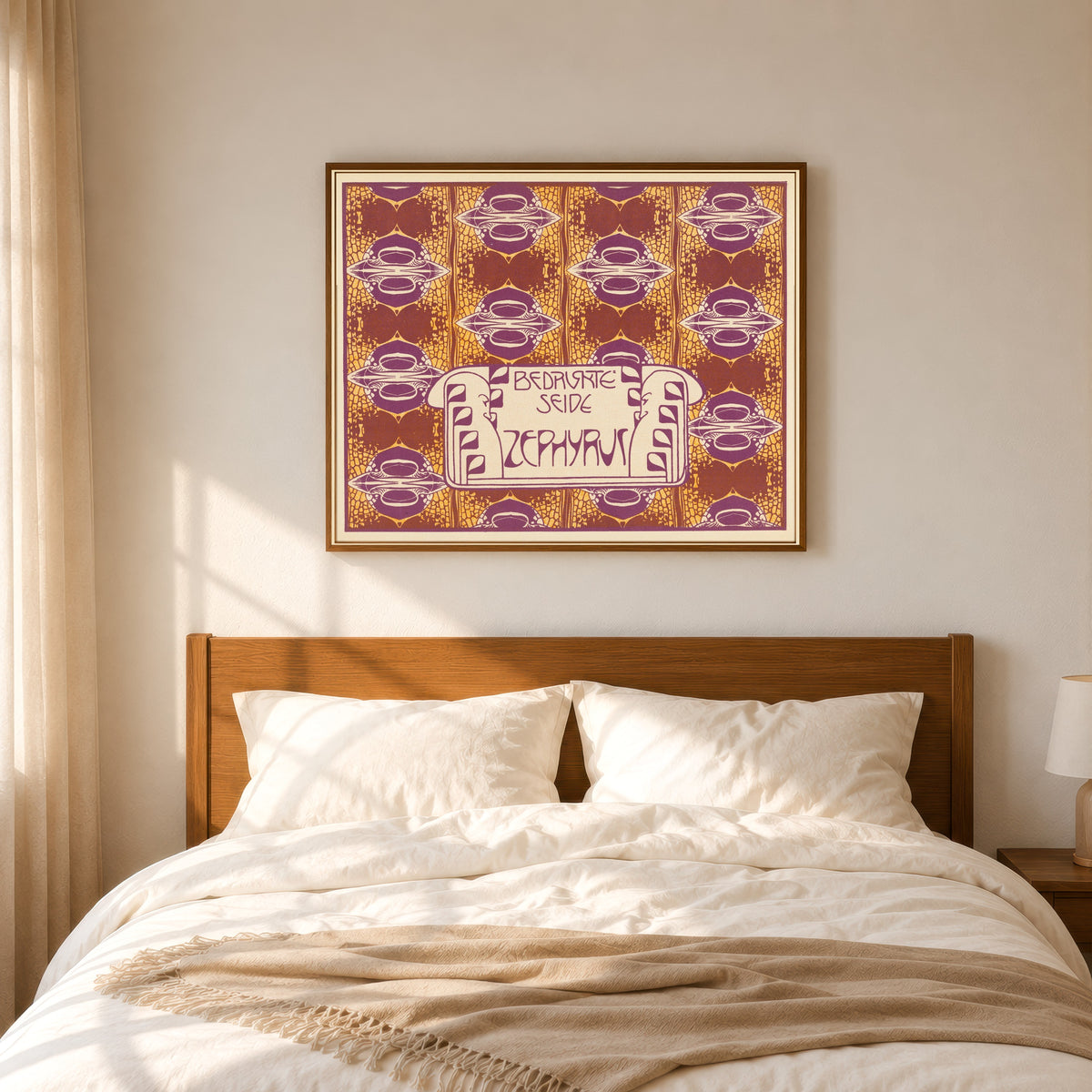 Framed art print of Bedruckte Seide Zephyrus (Zephyrus Printed Silk) by Koloman Moser, in a slim wood frame above a bed in a sunlit bedroom
