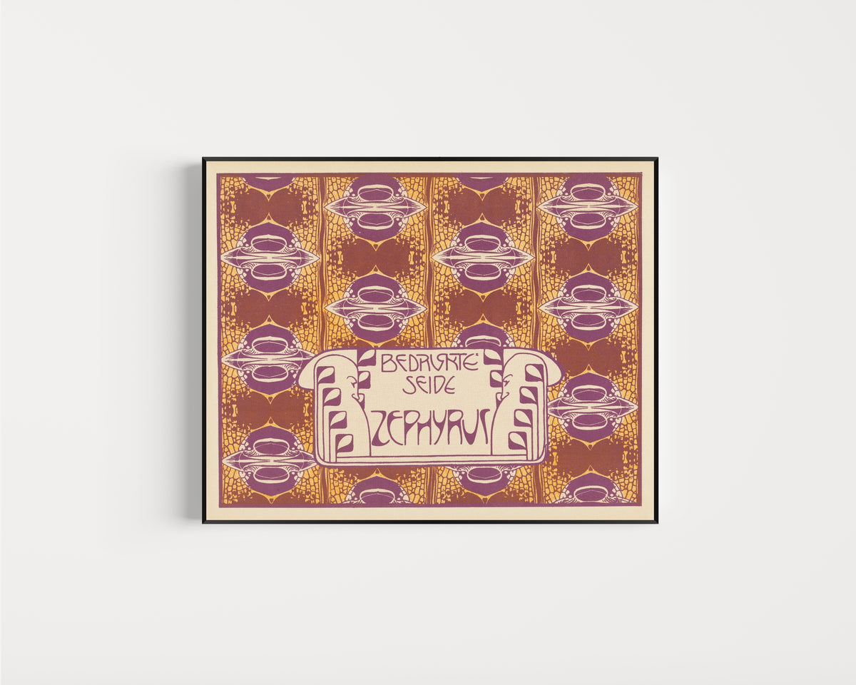 Framed art print of Bedruckte Seide Zephyrus (Zephyrus Printed Silk) by Koloman Moser, in a slim black frame on a plain white wall