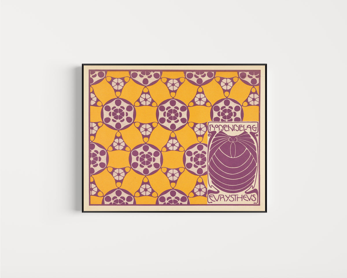 Framed art print of Bodenbelag Eurystheus (Eurystheus Floor Covering) by Koloman Moser, in a slim black frame on a plain white wall