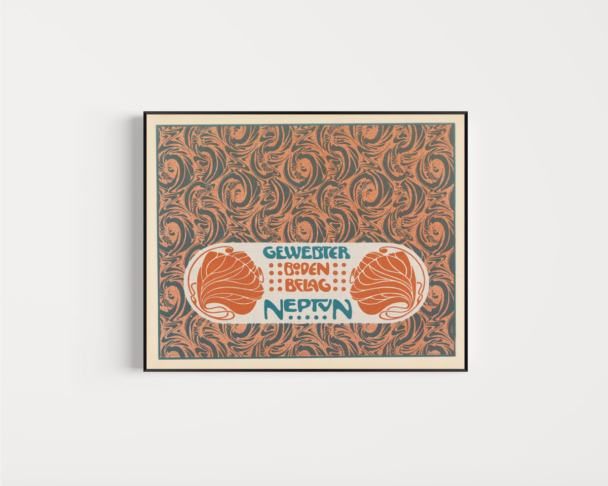 Framed art print of Gewebter Bodenbelag Neptun (Neptune Woven Floor Covering) by Koloman Moser, in a slim black frame on a plain white wall