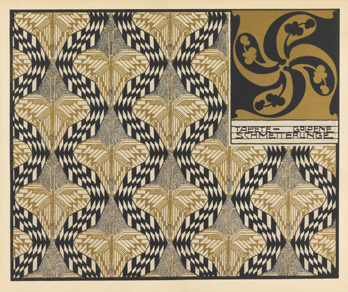 Golden Butterfly Wallpaper by Koloman Moser — gold and black butterfly repeat beside a swirling title panel