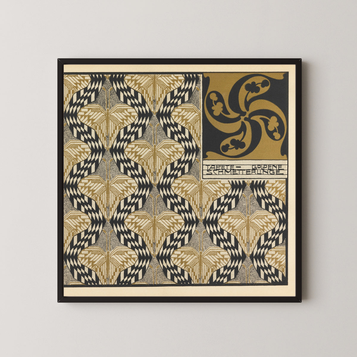 Golden Butterfly Wallpaper by Koloman Moser — in a black frame on a pale wall