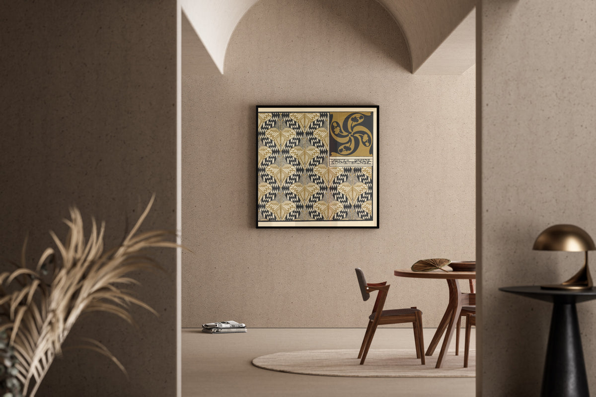 Golden Butterfly Wallpaper by Koloman Moser — framed in a sunlit dining corner