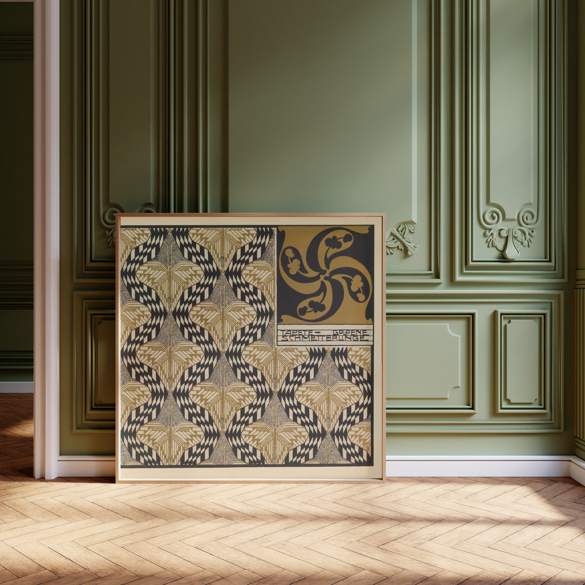 Golden Butterfly Wallpaper by Koloman Moser — framed and leaning against olive-green panelling on a herringbone floor