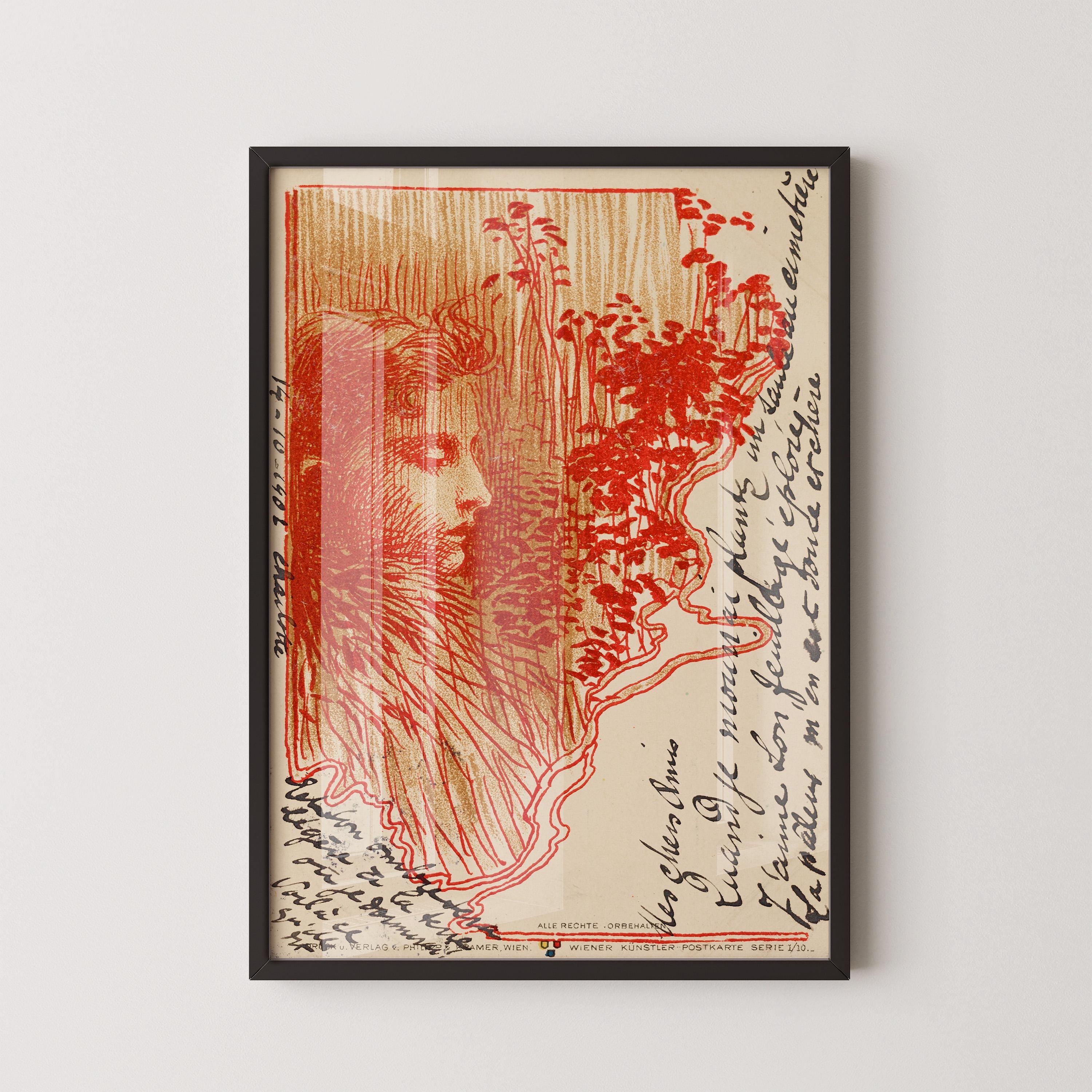 Koloman Moser - Postcard Sketch | Famous Vintage Exhibition Poster in Red (available handframed or unframed) - 9ArtPrints
