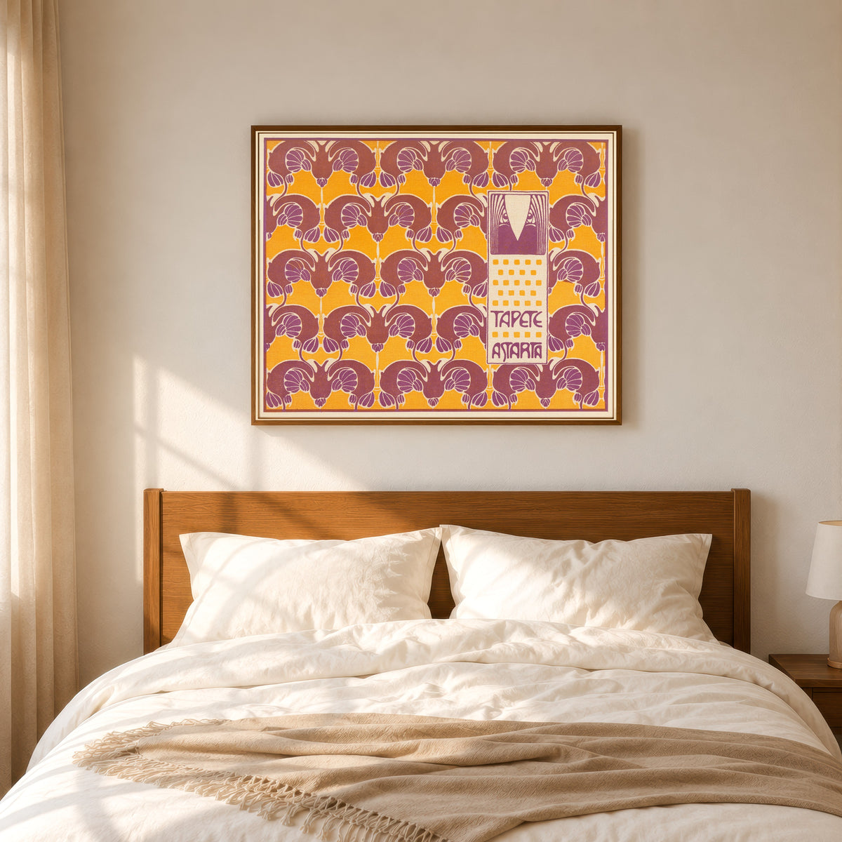Framed art print of Tapete Astarta (Astarta Wallpaper) by Koloman Moser, in a slim wood frame above a bed in a sunlit bedroom