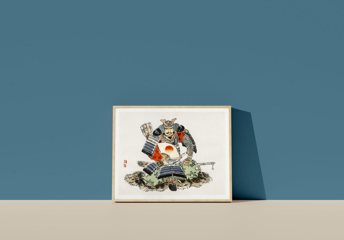 Framed art print of Samurai by Kōno Bairei, in a light wood frame leaning on a blue wall