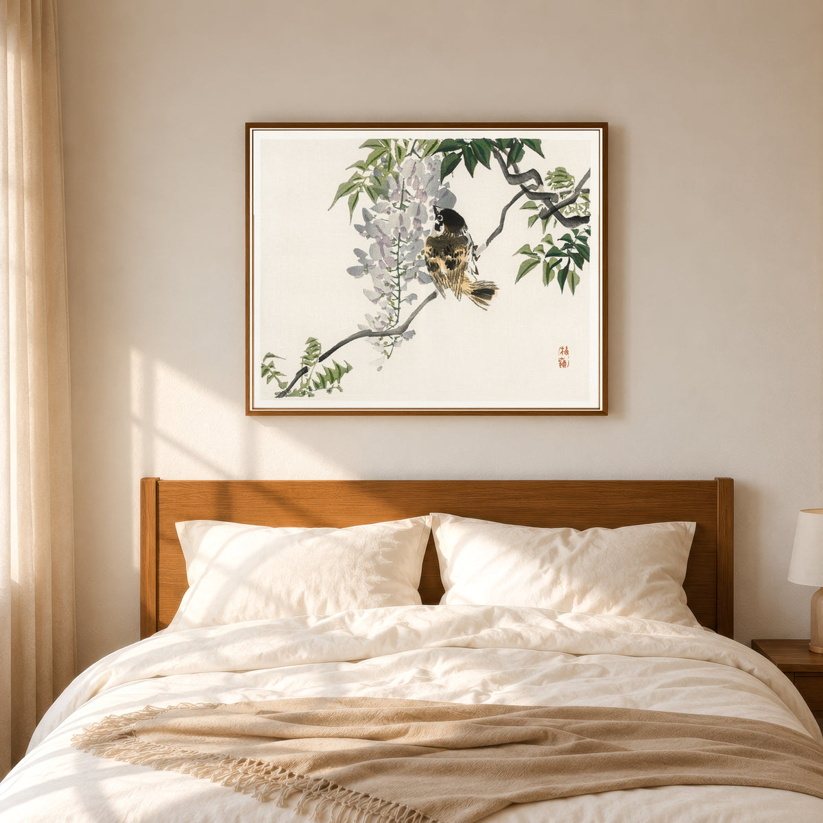 Framed art print of Sparrow on a branch by Kōno Bairei, in a slim wood frame above a bed in a sunlit bedroom