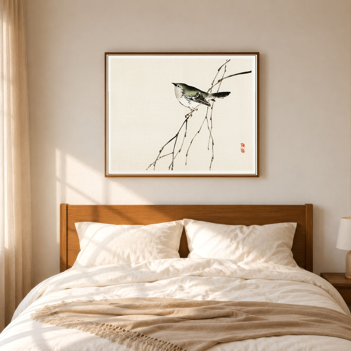 Framed art print of Tit by Kōno Bairei, in a slim wood frame above a bed in a sunlit bedroom