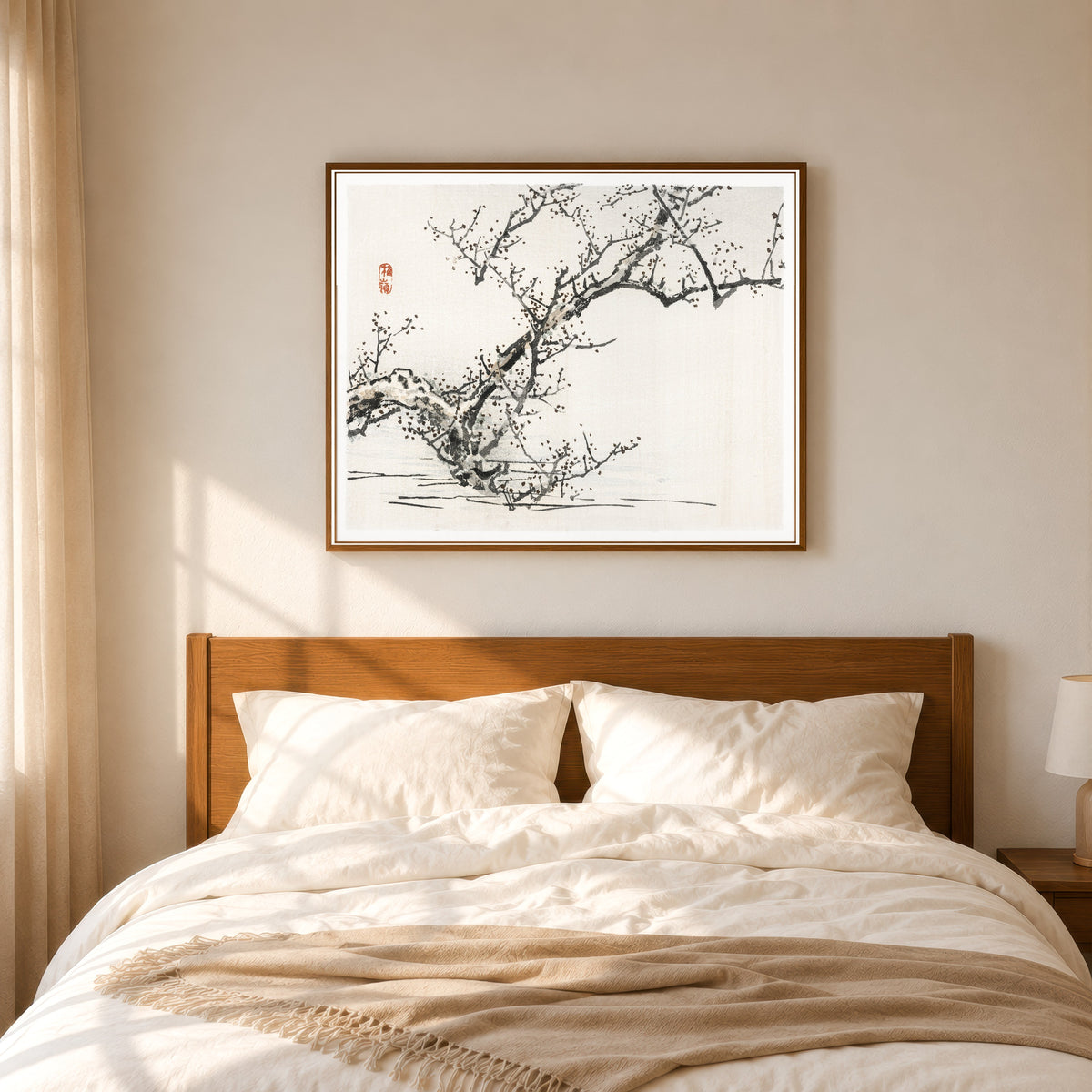 Framed art print of Tree against the backdrop of water by Kōno Bairei, in a slim wood frame above a bed in a sunlit bedroom