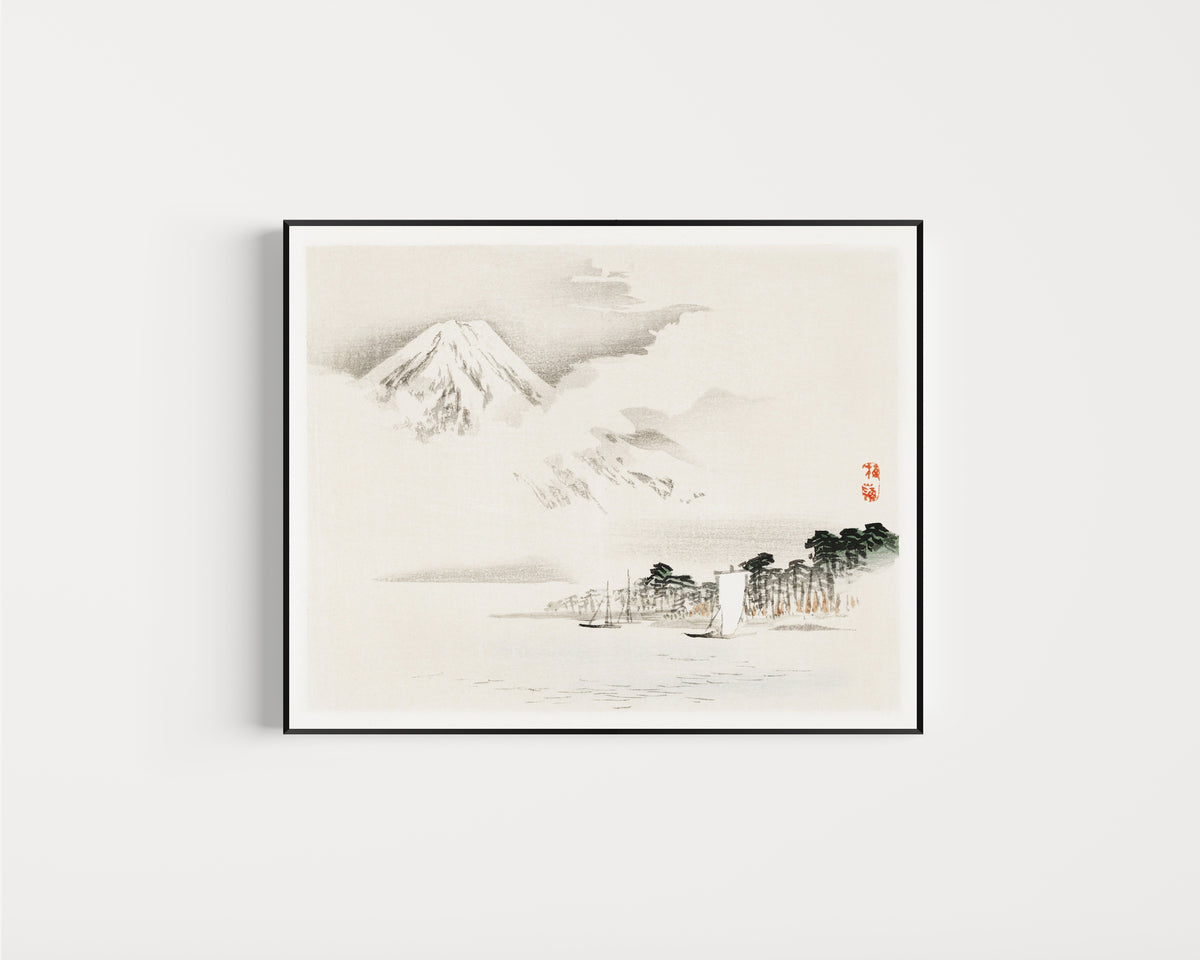 Framed art print of View of Mount Fuji by Kōno Bairei, in a slim black frame on a plain white wall