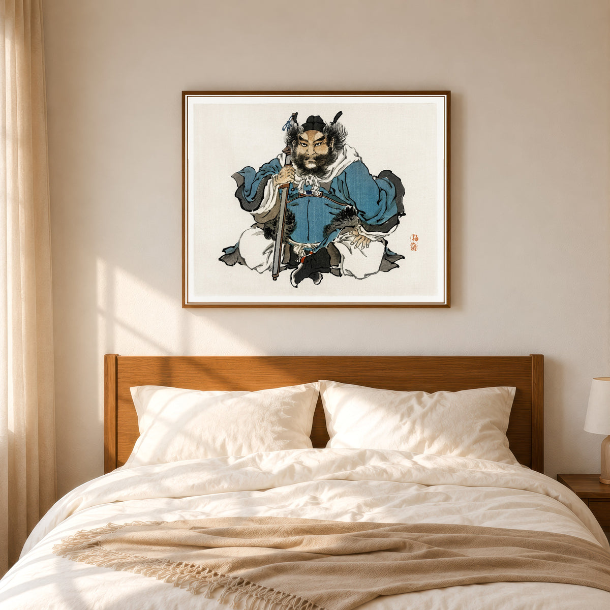 Framed art print of Warrior by Kōno Bairei, in a slim wood frame above a bed in a sunlit bedroom