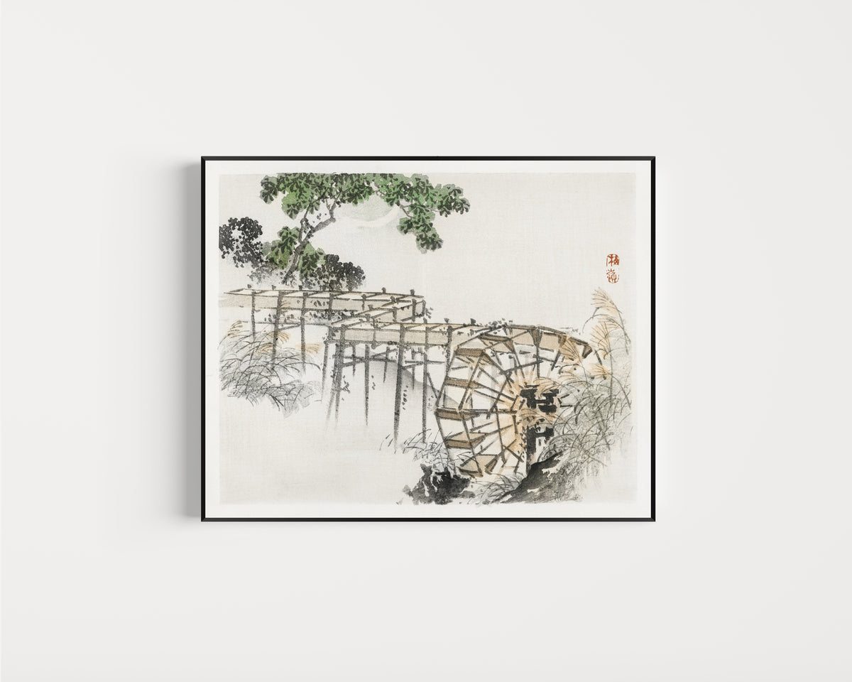 Framed art print of Water wheel (Bairei Gakan) by Kōno Bairei, in a slim black frame on a plain white wall
