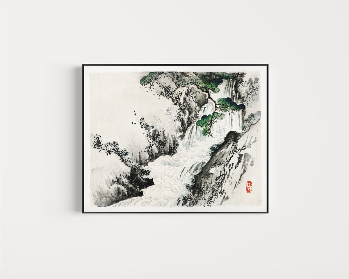 Framed art print of Waterfall by Kōno Bairei, in a slim black frame on a plain white wall