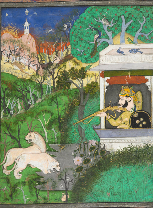 Kota school — Maharaja Chattarsol of Kota Shooting Lions | Indian Miniature Painting Print