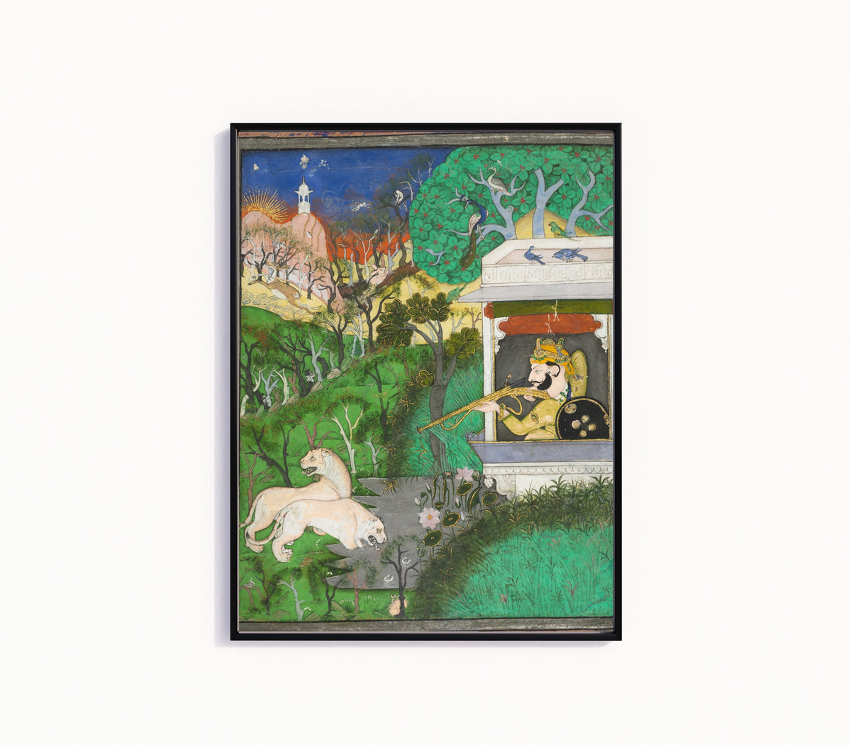 Framed art print of Maharaja Chattarsol of Kota Shooting Lions by Kota school, in a slim black frame on a plain white wall
