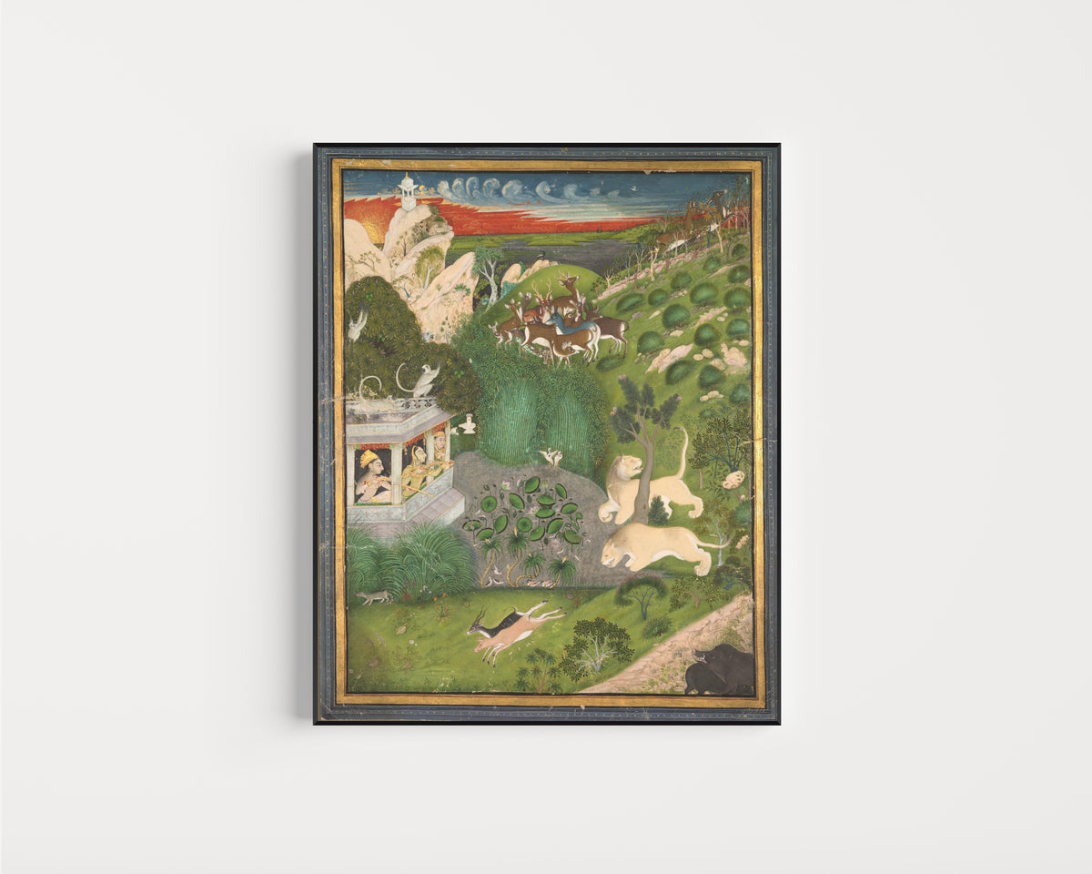 Framed art print of Royal Women Shooting from a Pavilion by Kota school, in a slim black frame on a plain white wall