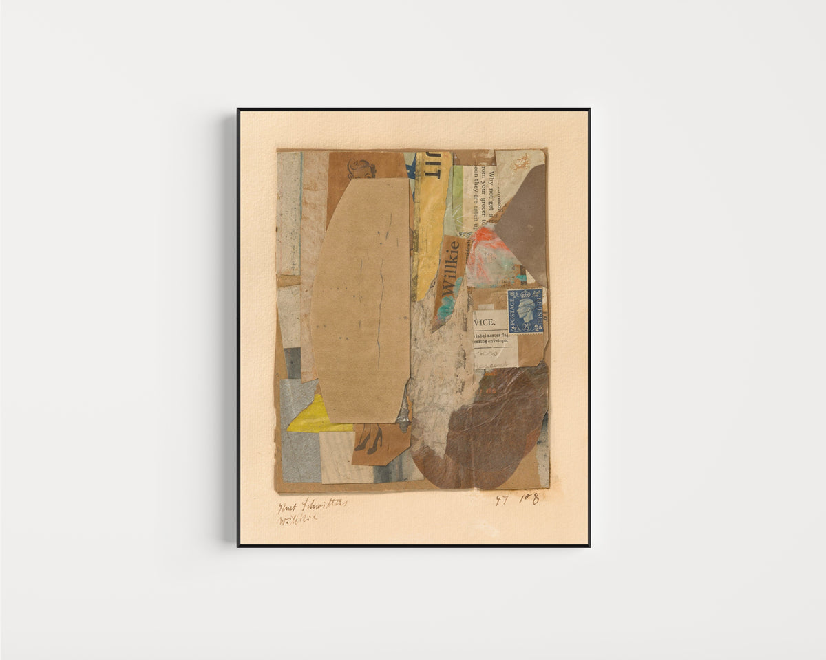 Framed art print of 47 108 Willkie by Kurt Schwitters, in a slim black frame on a plain white wall