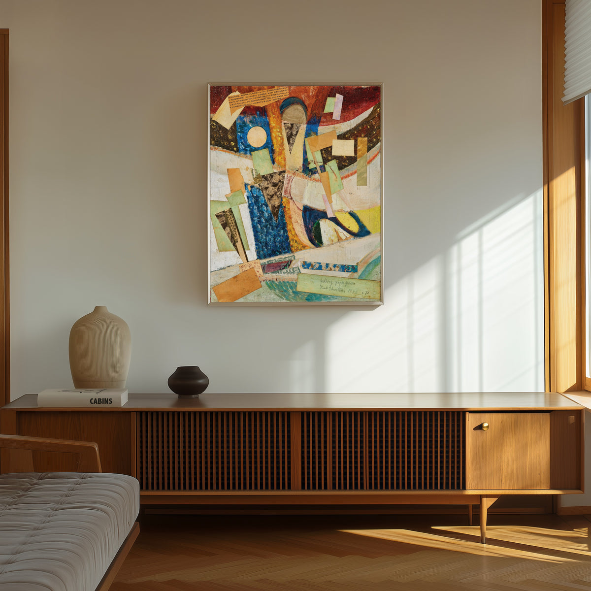 Framed art print of c 71 falling paper pieces by Kurt Schwitters, in a thin light frame on a sunlit wall above a wooden sideboard
