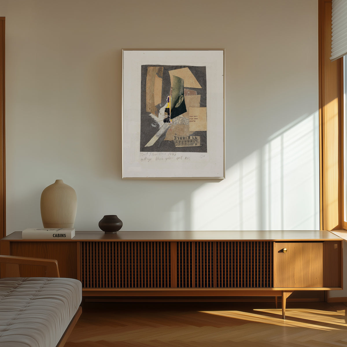 Framed art print of Collage Black Yellow and Ear by Kurt Schwitters, in a thin light frame on a sunlit wall above a wooden sideboard