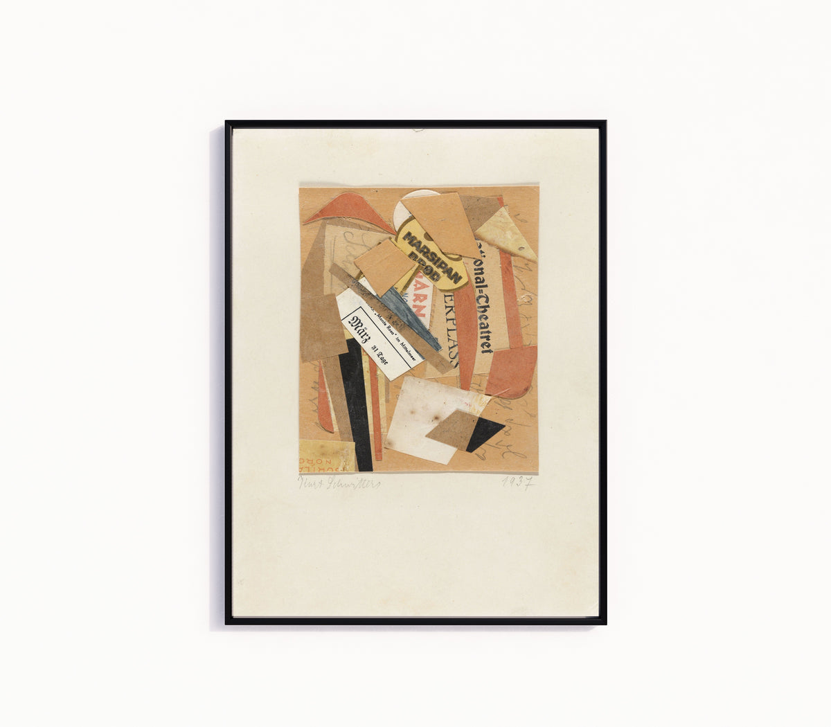 Framed art print of Collage by Kurt Schwitters, in a slim black frame on a plain white wall