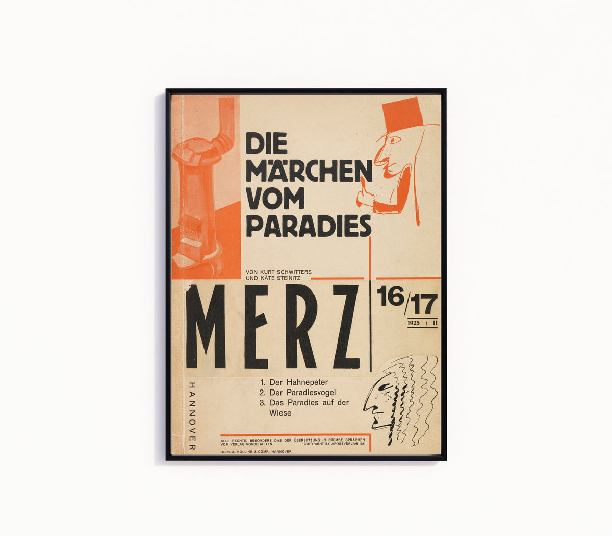 Framed art print of Die Märchen vom Paradies (Merz 16/17) by Kurt Schwitters, in a slim black frame on a plain white wall