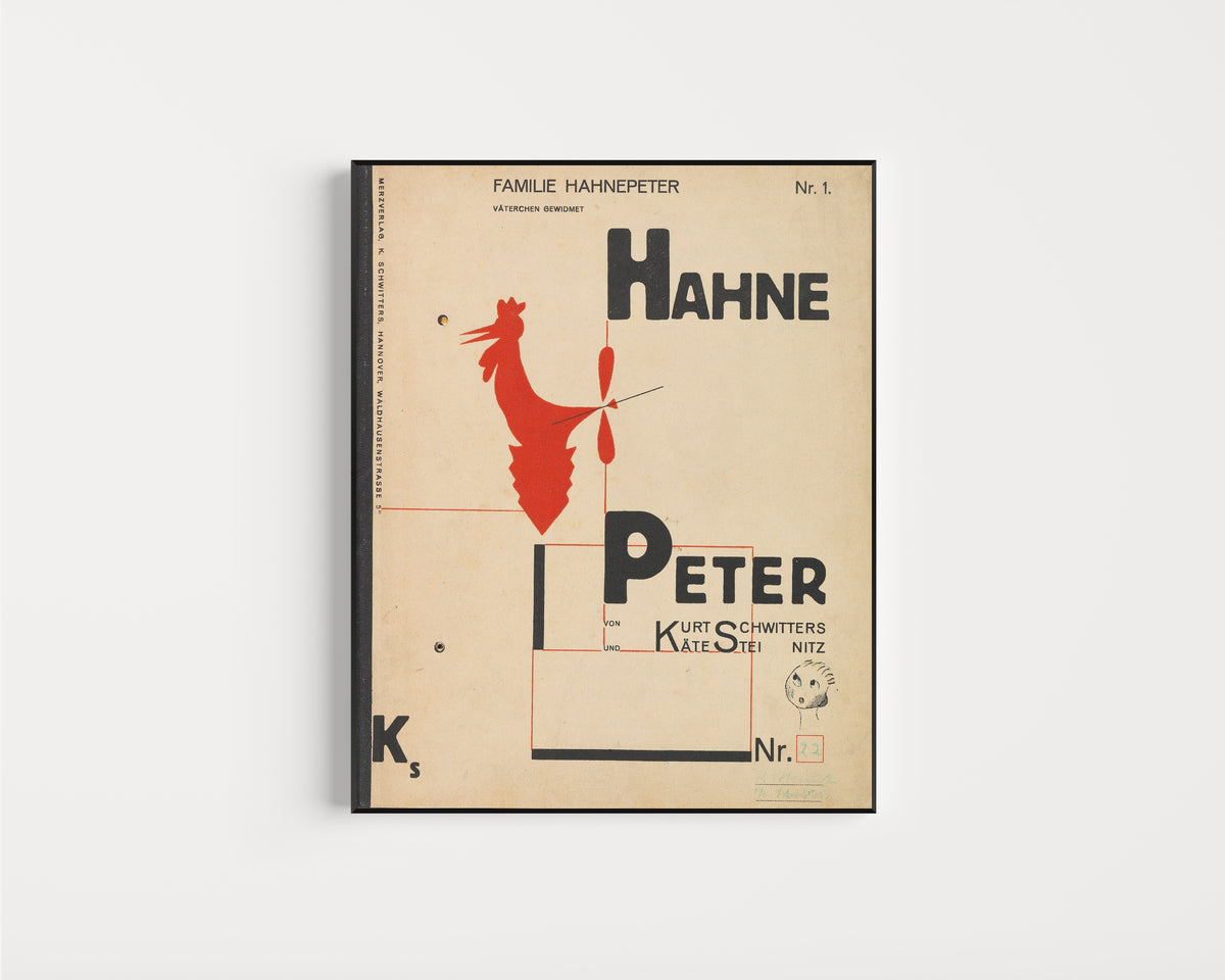Framed art print of Hahne Peter by Kurt Schwitters, in a slim black frame on a plain white wall