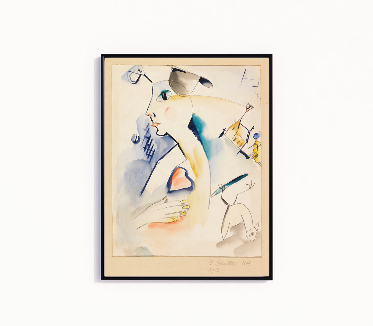 Framed art print of Mann schaaft Lilablau by Kurt Schwitters, in a slim black frame on a plain white wall