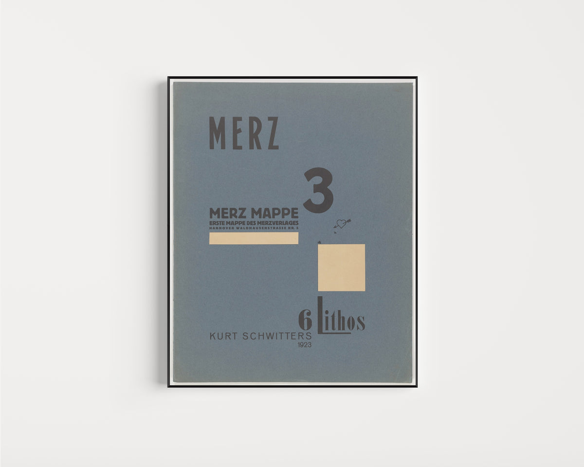 Framed art print of Merz 3. Kurt Schwitters 6 Lithos Pl.1 by Kurt Schwitters, in a slim black frame on a plain white wall