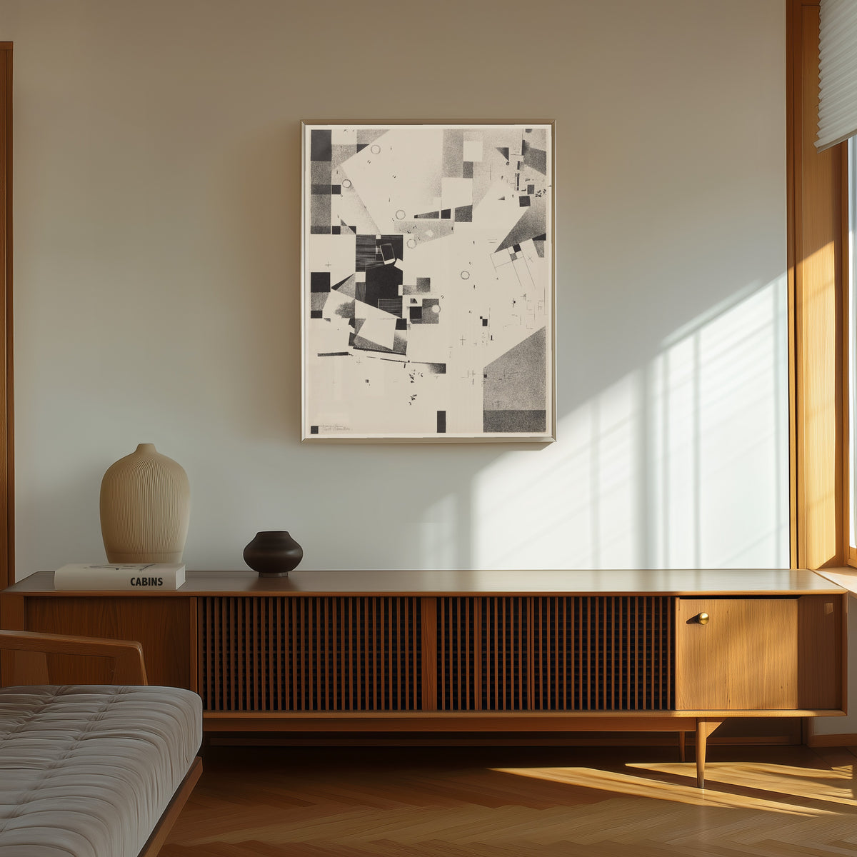 Framed art print of Merz 3. Kurt Schwitters 6 Lithos Pl.2 by Kurt Schwitters, in a thin light frame on a sunlit wall above a wooden sideboard