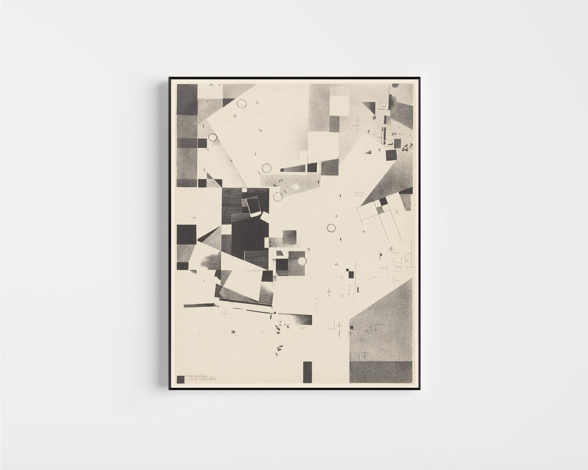 Framed art print of Merz 3. Kurt Schwitters 6 Lithos Pl.2 by Kurt Schwitters, in a slim black frame on a plain white wall