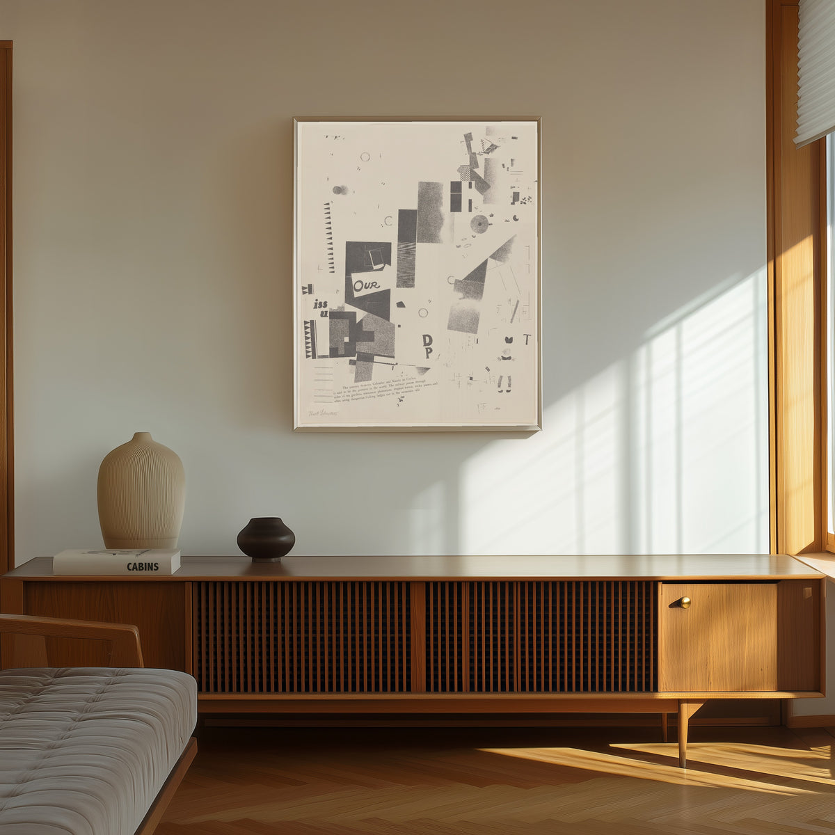 Framed art print of Merz 3. Kurt Schwitters 6 Lithos Pl.7 by Kurt Schwitters, in a thin light frame on a sunlit wall above a wooden sideboard