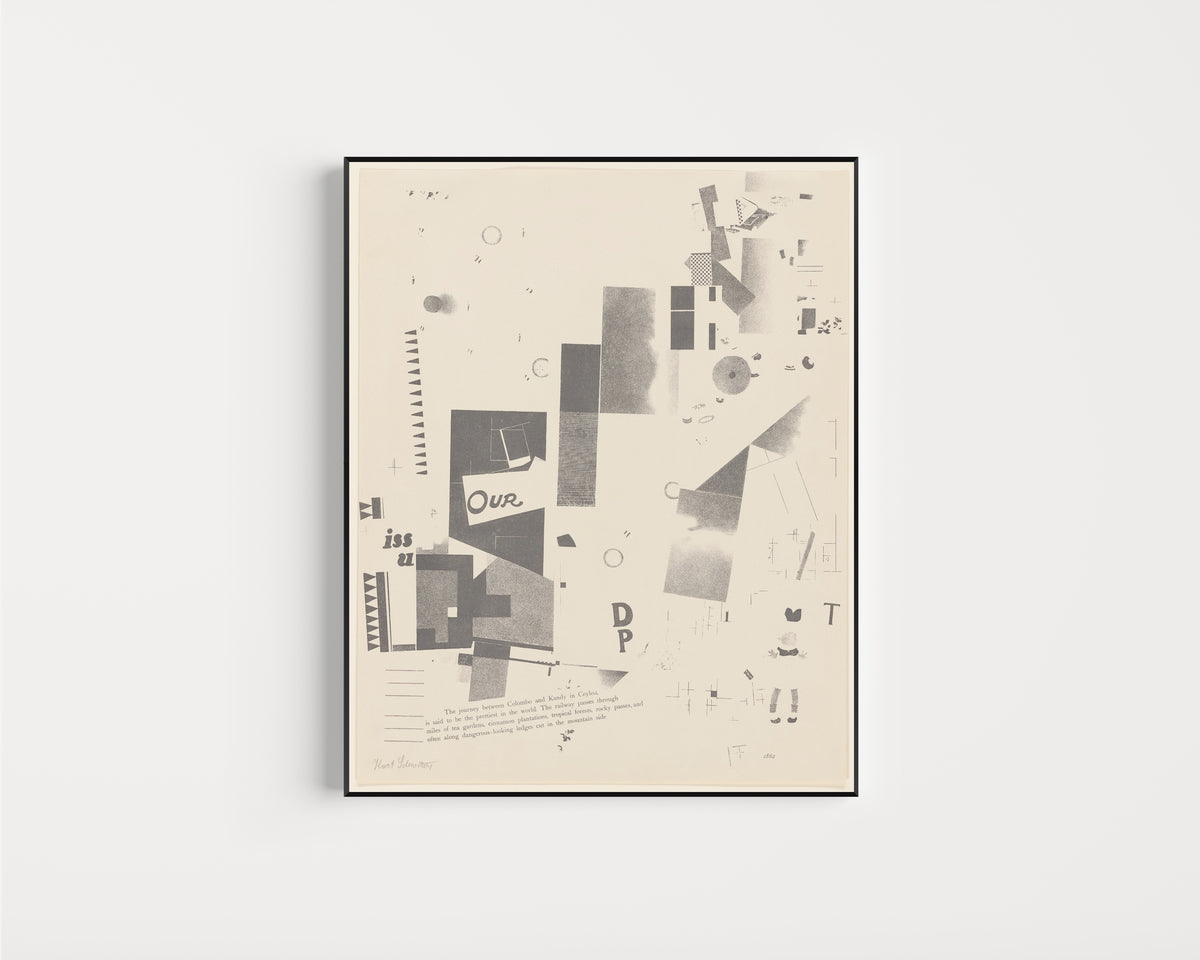 Framed art print of Merz 3. Kurt Schwitters 6 Lithos Pl.7 by Kurt Schwitters, in a slim black frame on a plain white wall