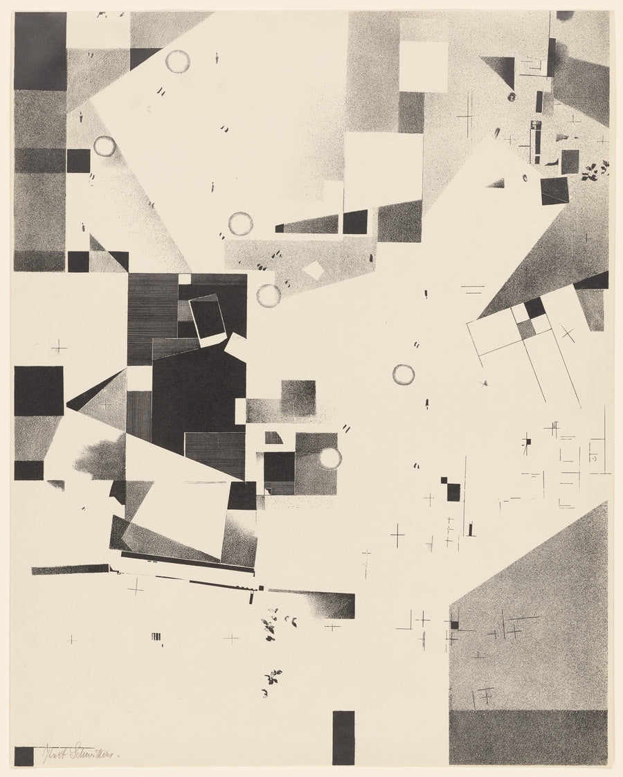 Kurt Schwitters — Merz 3. Kurt Schwitters 6 Lithos Pl.2 | Fine Art Print shown to scale on a wall above a sofa