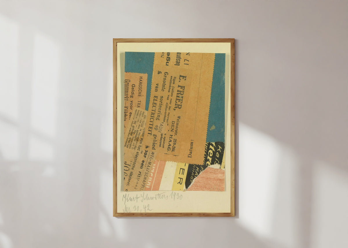 Framed art print of Merz 30, 42 by Kurt Schwitters, in a light wood frame on a sunlit white wall