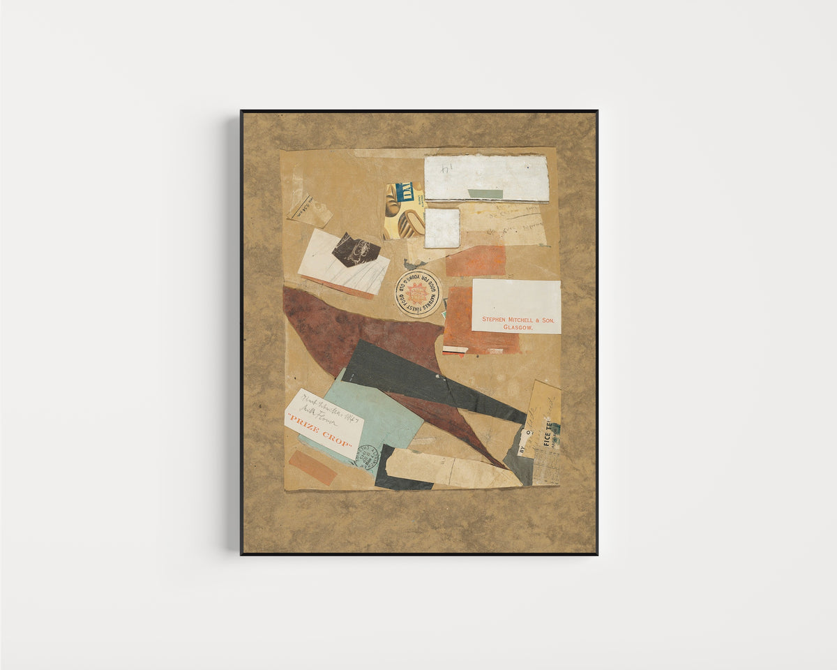 Framed art print of Milk Flower by Kurt Schwitters, in a slim black frame on a plain white wall